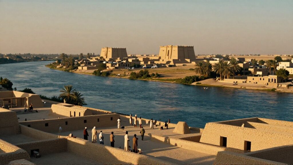 Zigurats monumentales se elevan sobre un valle fluvial con personas vestidas de lino junto a un canal.