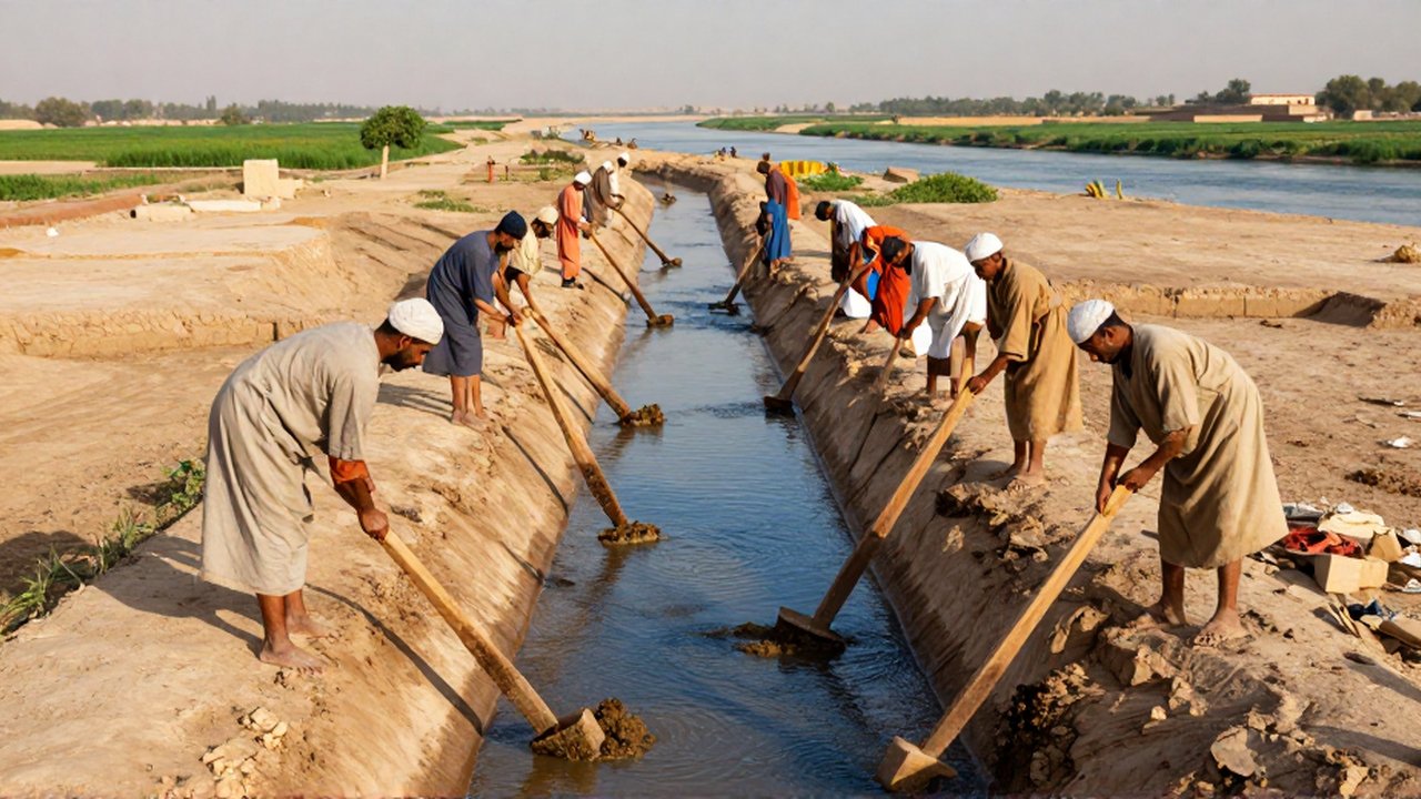 Personas de Mesopotamia limpian el limo de un canal de tierra con herramientas de madera.
