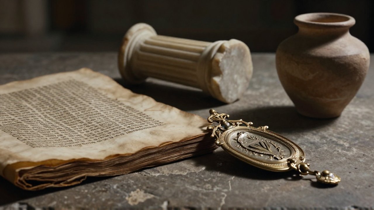 Manuscrito en latín, una reliquia religiosa metálica y un fragmento de columna sobre piedra.