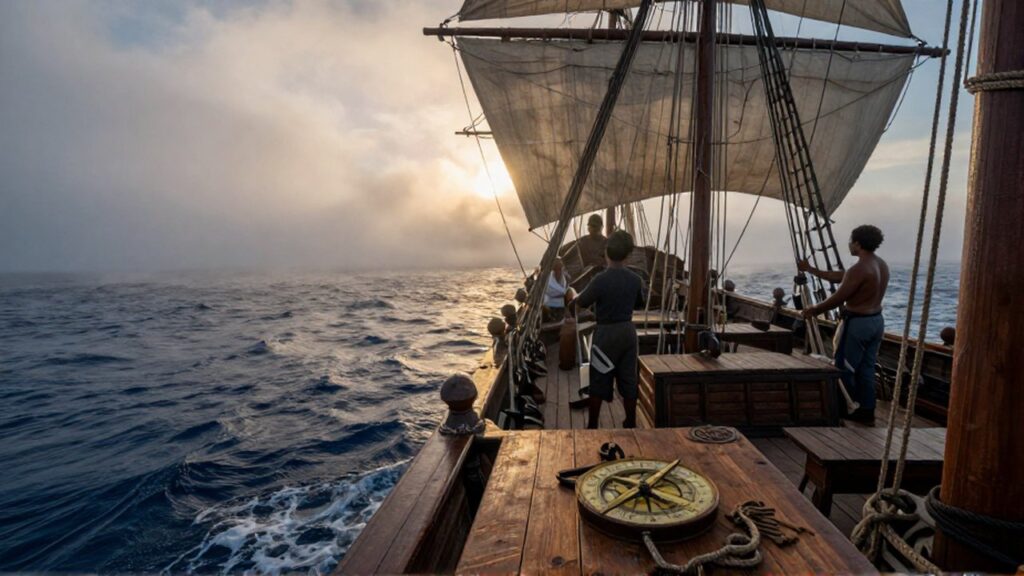 Varios marineros atienden cuerdas en un barco de madera antiguo que navega por un océano neblinoso al amanecer.