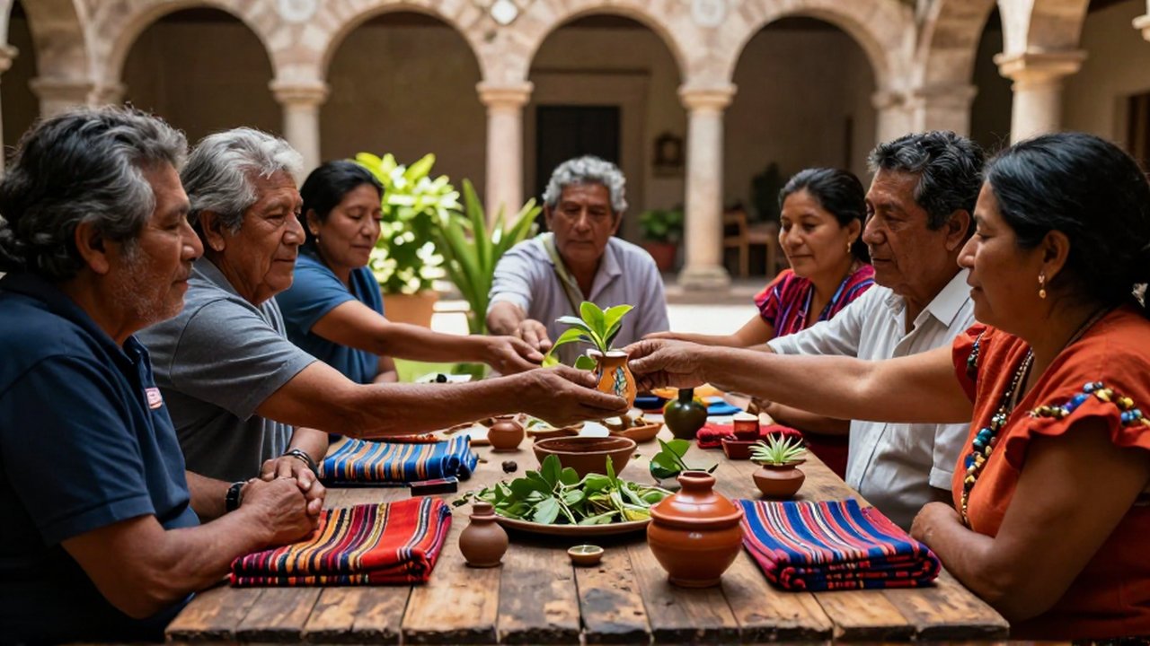 Personas de distintas edades intercambian textiles, cerámicas y plantas alrededor de una mesa de madera en un patio histórico.