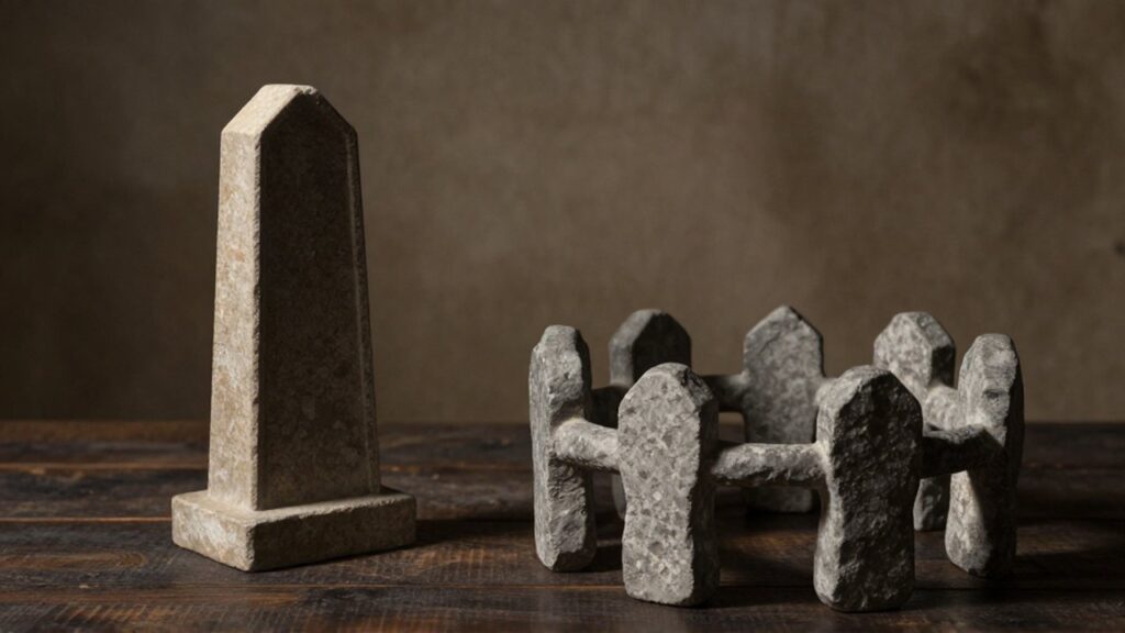 Un monolito de piedra simétrico y un conjunto de piedras circulares descansan sobre una mesa de madera oscura.
