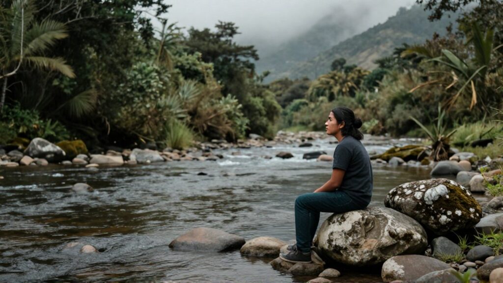 Una persona de perfil contempla un río que fluye entre piedras y vegetación en un paisaje brumoso.