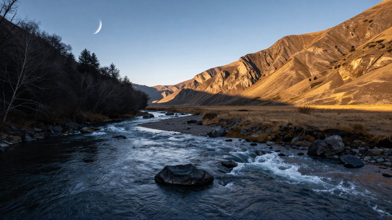 Un río fluye entre un valle nocturno y oscuro y una montaña bañada por luz dorada.