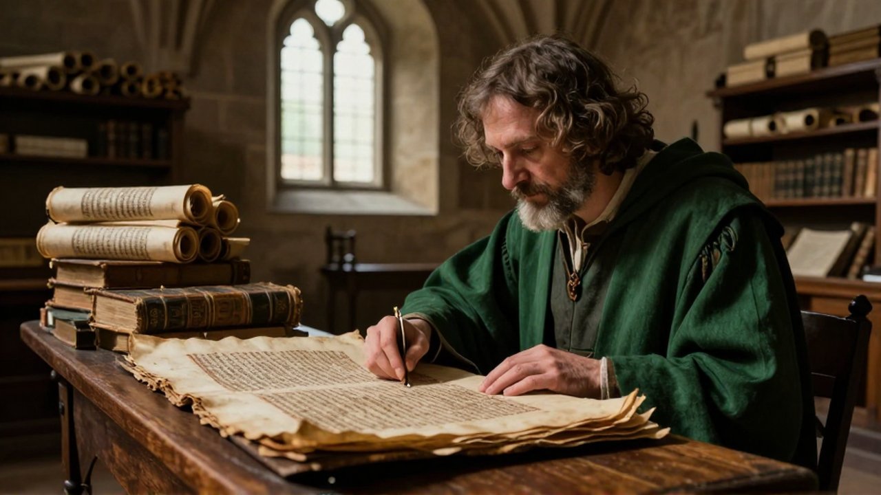 Un erudito medieval con túnica examina un manuscrito de pergamino sobre un atril de madera en un scriptorium de piedra.