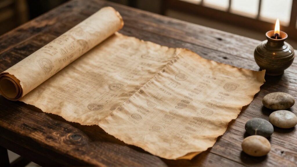 Dos pergaminos antiguos con caligrafía tenue descansan sobre una mesa de madera junto a una lámpara cerámica y piedras.