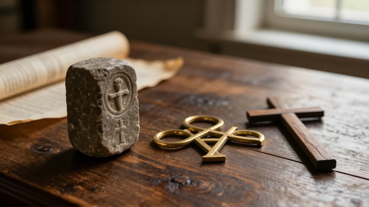 Un monolito de piedra junto a un pergamino descansan al lado de un símbolo dorado entrelazado y una cruz de madera.