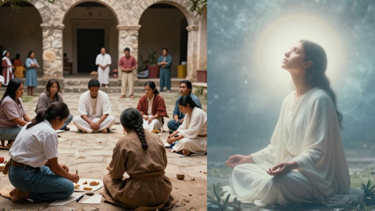 Dos escenas divididas muestran a un grupo realizando rituales comunitarios y a una persona solitaria mirando hacia una luz celestial.