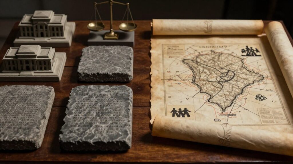 Tablillas de piedra y pergaminos desgastados sobre una mesa de madera oscura con modelos arquitectónicos y mapas.
