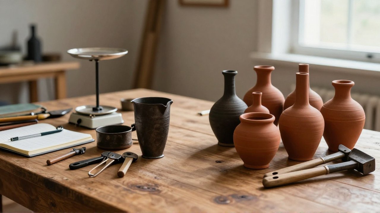 Herramientas organizadas con un libro contable junto a vasijas cerámicas idénticas sobre una mesa de madera.