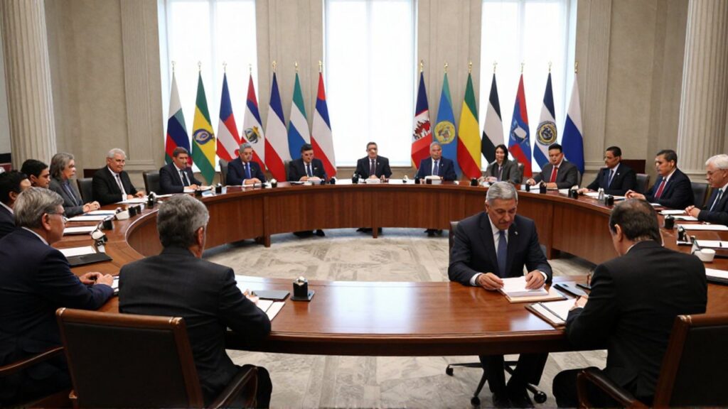 Dos grupos de diplomáticos negocian en un salón neoclásico