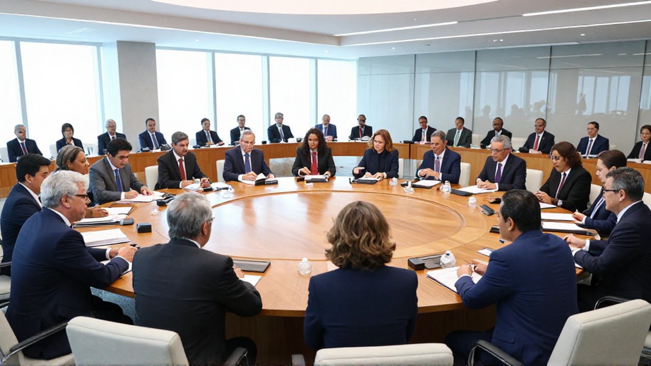 Diplomáticos diversos conversan alrededor de una gran mesa circular de madera en un salón moderno.