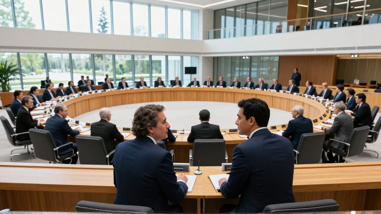 Dos diplomáticos conversan en primer plano ante una gran mesa circular con delegados internacionales.