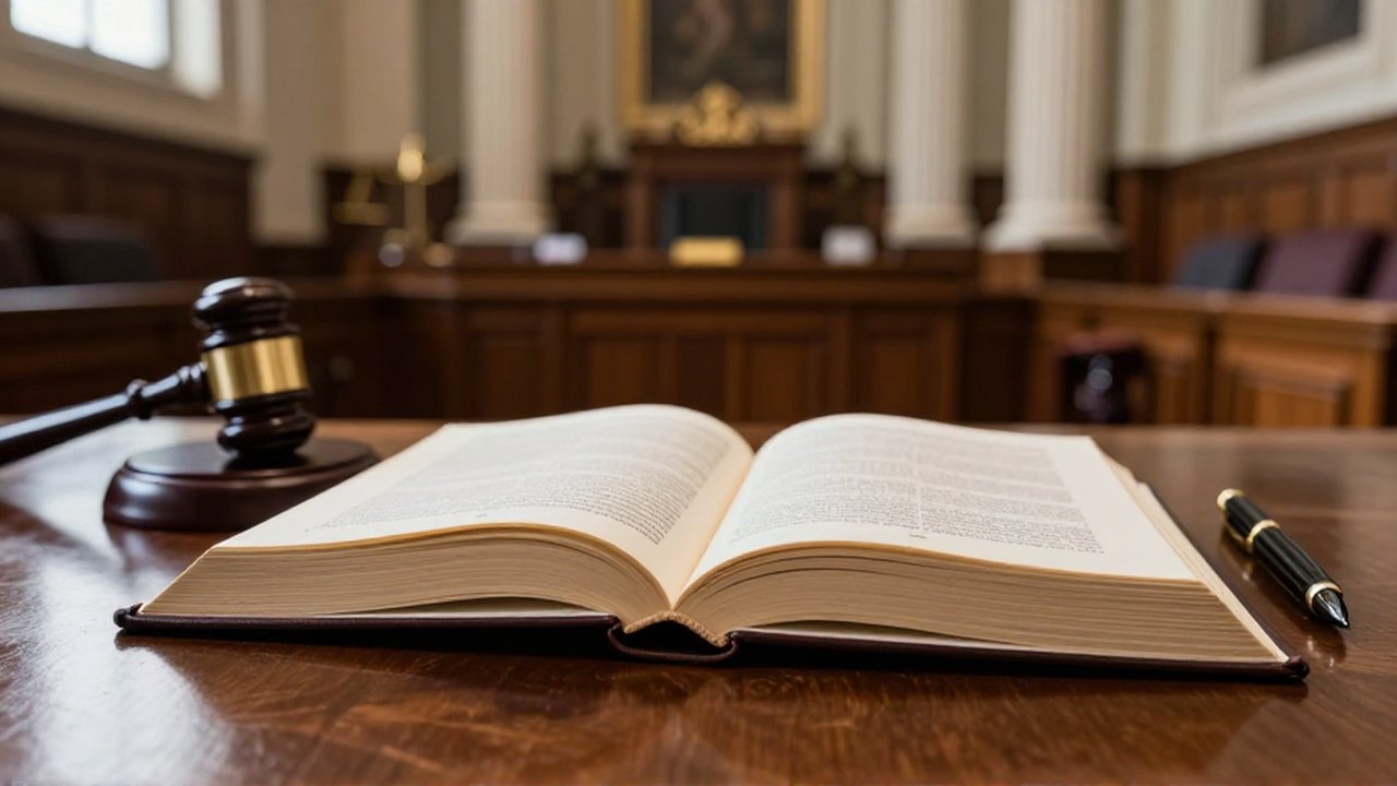 Libro constitucional abierto sobre una mesa de madera junto a un mazo y una pluma fuente.
