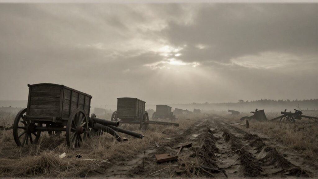 Paisaje desolado de un campo de batalla con restos de carros de madera y un cañón sobre hierba seca.