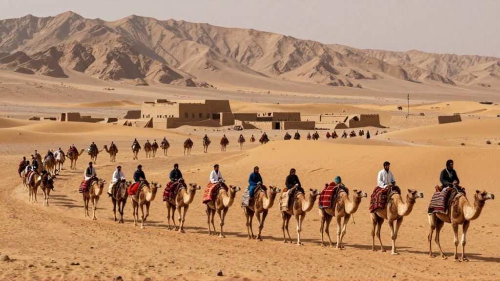 Una caravana de comerciantes con camellos cargados de telas y especias cruza un desierto hacia un puesto comercial antiguo.