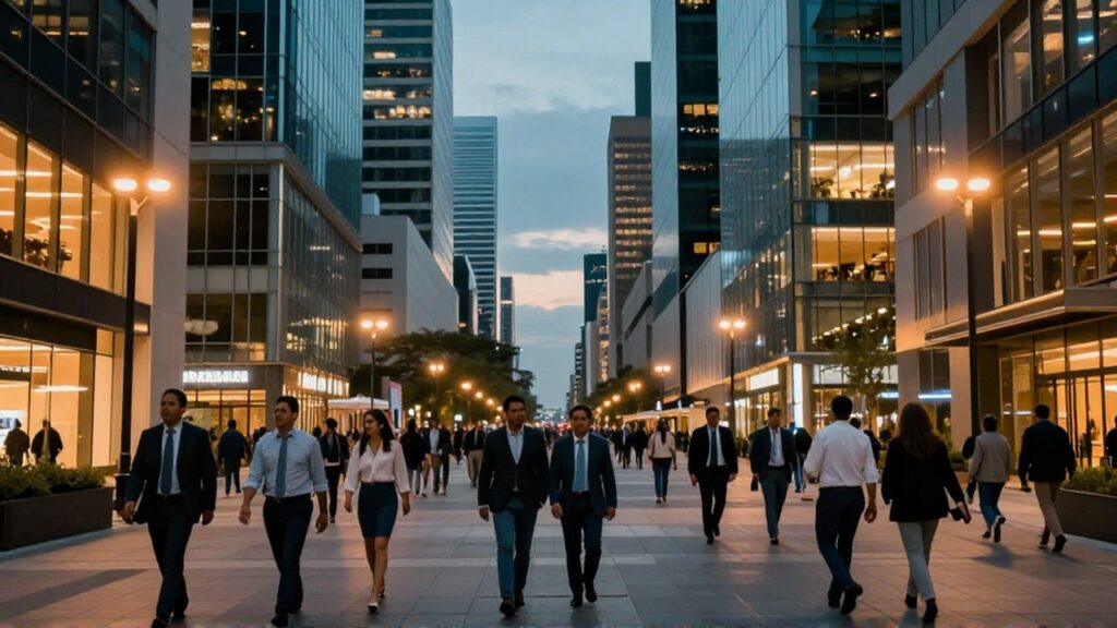 Personas caminan por una plaza de un distrito comercial moderno con edificios de cristal al atardecer.