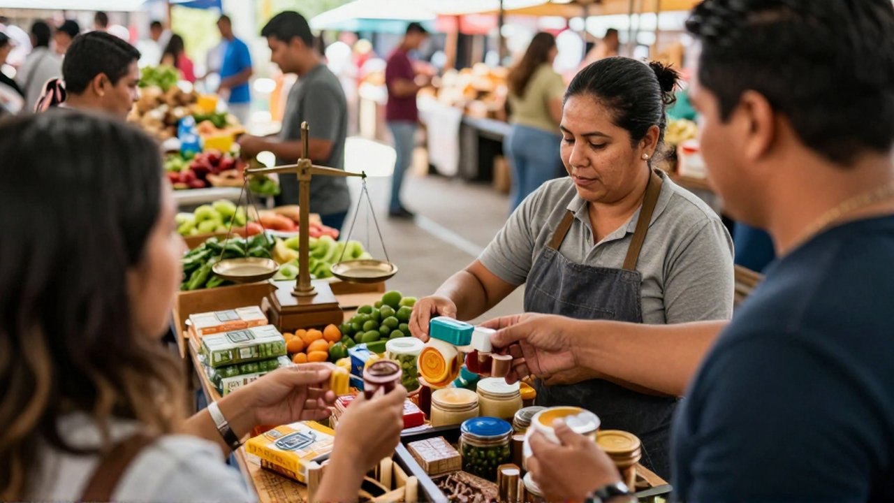 Un vendedor y un cliente intercambian productos artesanales y vegetales sobre una mesa de madera.