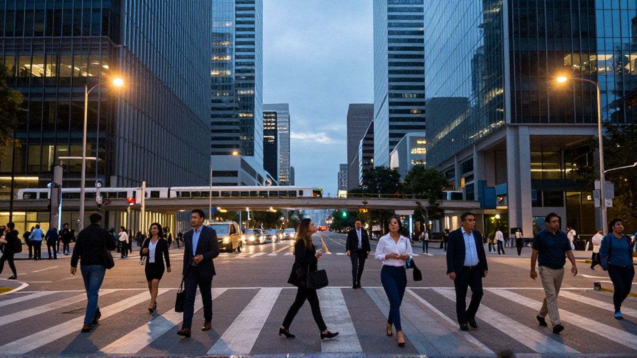 Personas caminan por un cruce de una ciudad moderna con rascacielos al atardecer.
