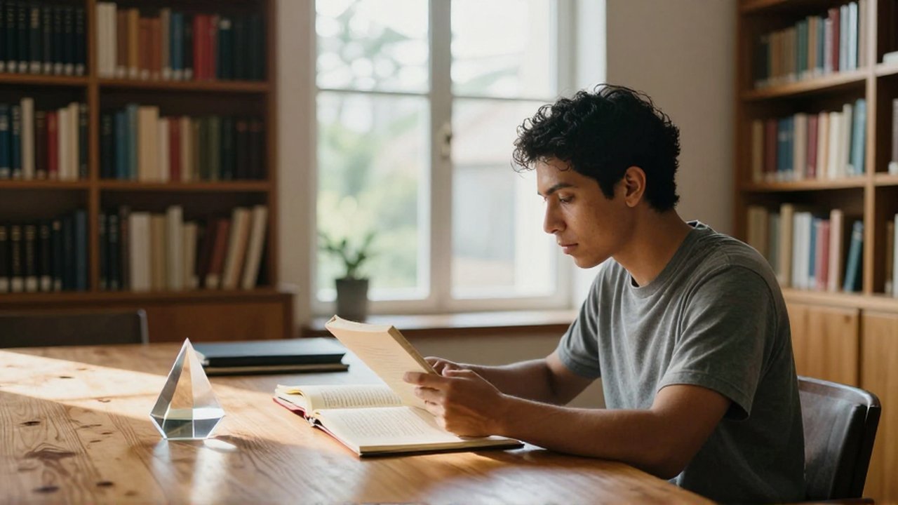 Una persona de ascendencia latinoamericana examina un libro antiguo y un prisma sobre un escritorio de madera.