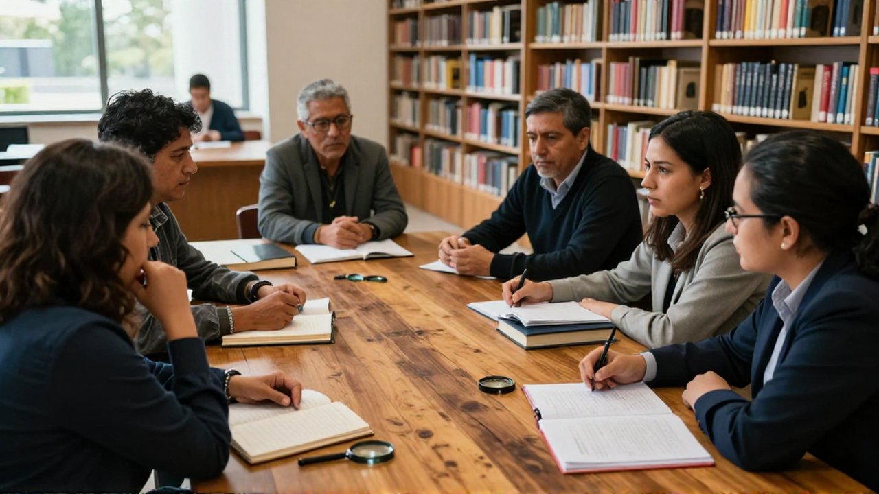Grupo de personas debate alrededor de una mesa de madera con libros y documentos en una biblioteca.