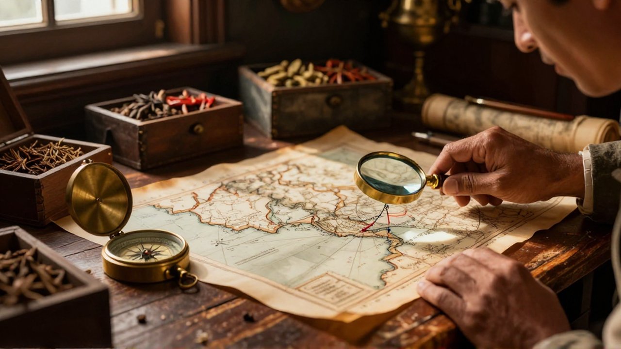 Una mano ajusta una lupa sobre mapas antiguos junto a una brújula de latón y especias.