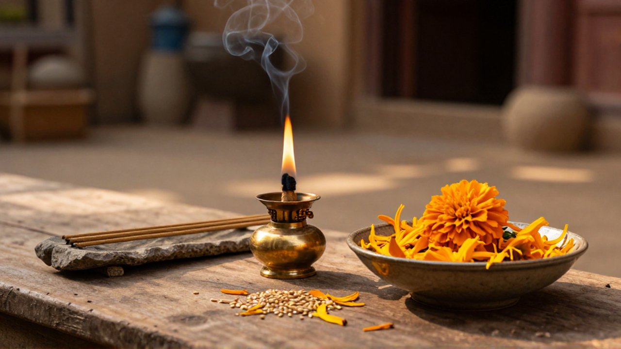 Objetos rituales con una lámpara de aceite, pétalos de caléndula y un incienso sobre madera.
