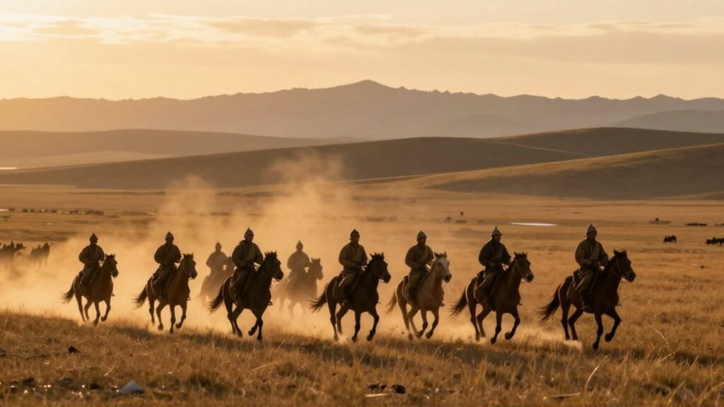 Arqueros mongoles a caballo atraviesan una vasta estepa bajo el brillo de un atardecer dorado.