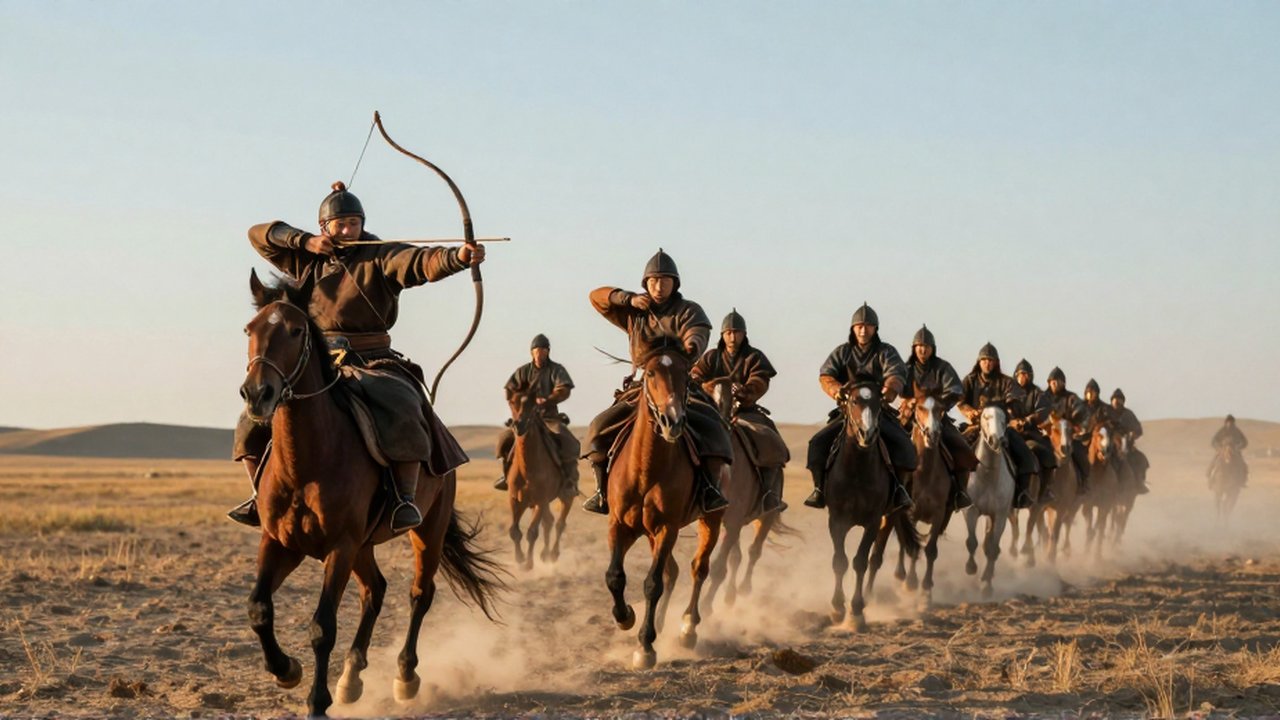Arqueros mongoles a caballo ejecutan una maniobra coordinada en una estepa polvorienta durante el atardecer.