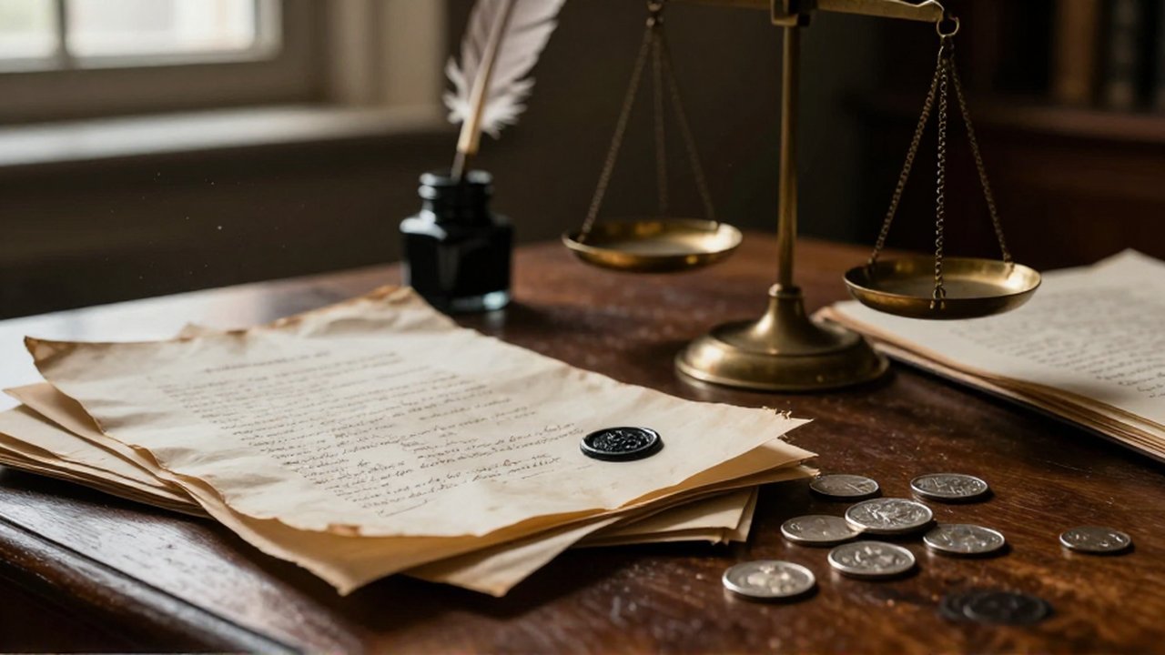 Documentos de pergamino con sellos de cera, monedas de plata y una balanza de latón sobre un escritorio de madera.