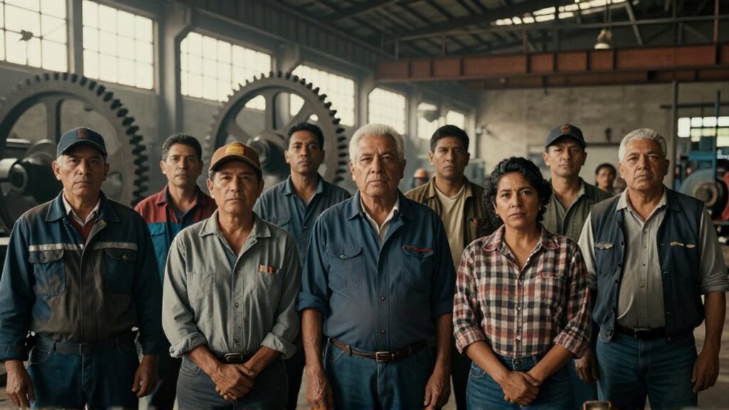 Grupo de trabajadores latinoamericanos de diversas épocas posan juntos en un gran salón industrial.