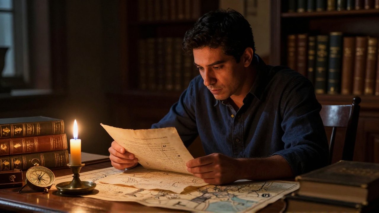 Persona con rasgos latinoamericanos lee y anota un manuscrito de pergamino junto a una vela en un estudio histórico.