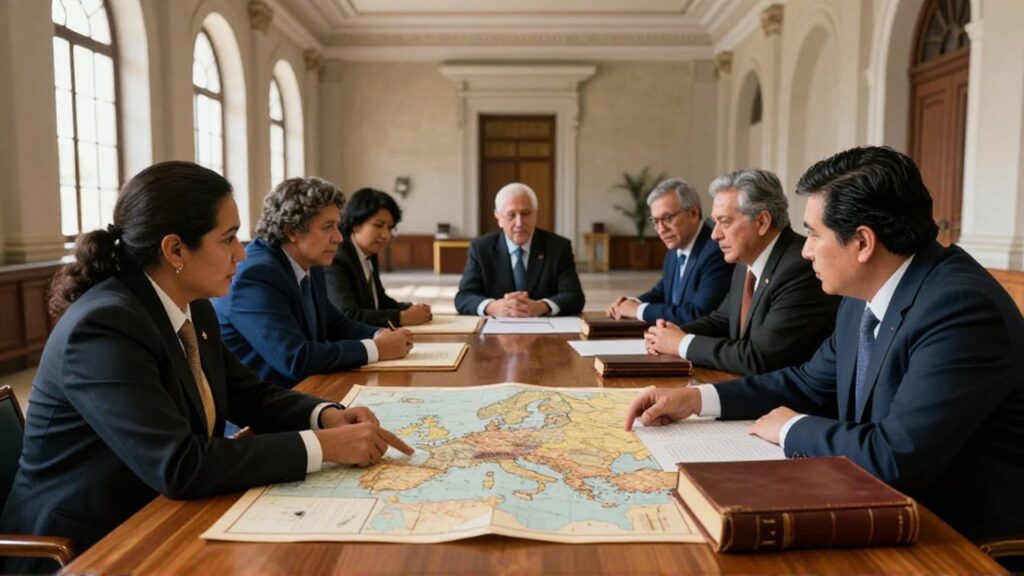 Diplomáticos conversan alrededor de una mesa de madera con mapas antiguos en un salón clásico.
