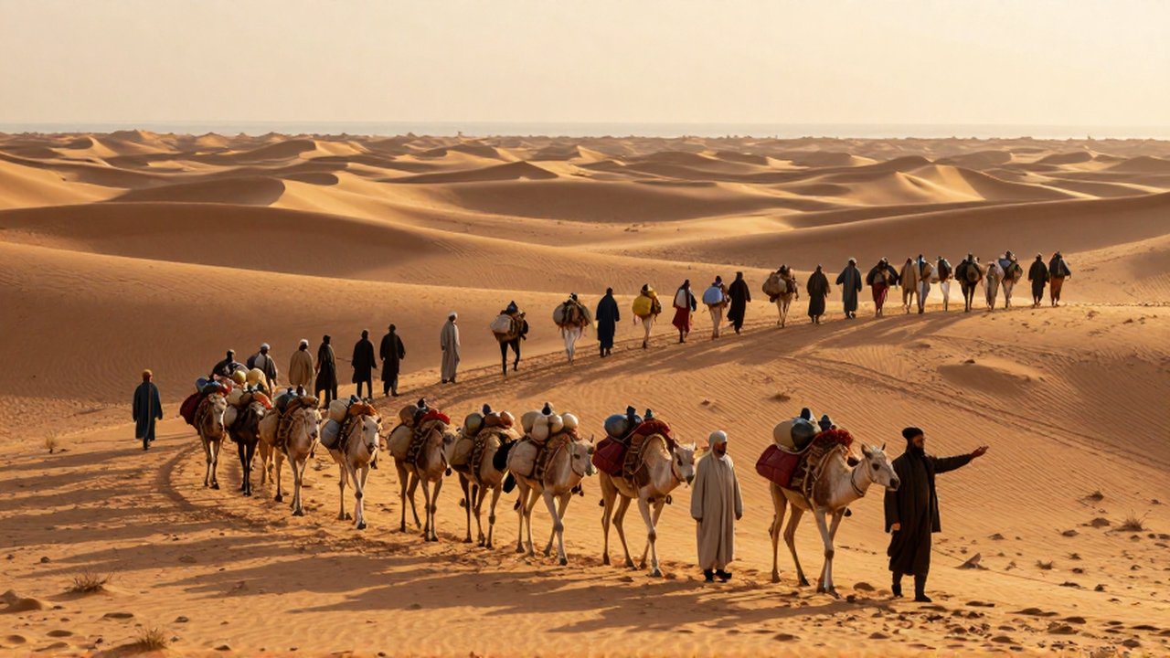 Una caravana de comerciantes, guardias y animales de carga atraviesa un vasto desierto bajo la luz del atardecer.