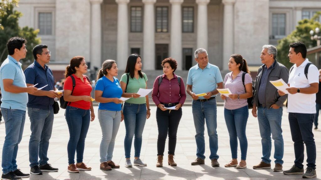 Grupo de personas de diversas edades dialogan con documentos en mano frente a un edificio de columnas.