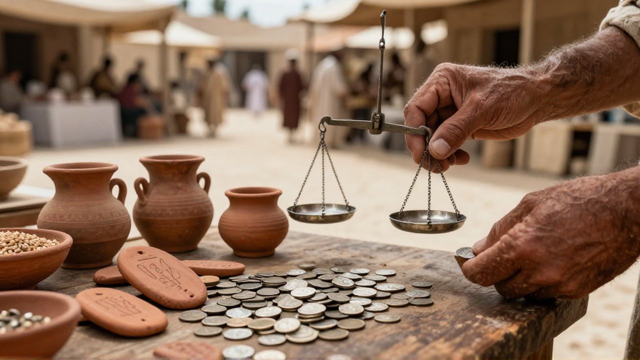 Unas manos curtidas pesan un trozo de plata en una balanza sobre una mesa de madera con monedas, vasijas y tablillas.