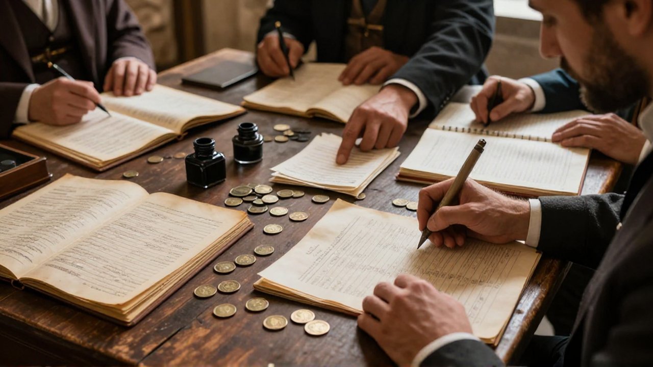 Comerciantes trabajan sobre una mesa de madera con libros de contabilidad, plumas y monedas.