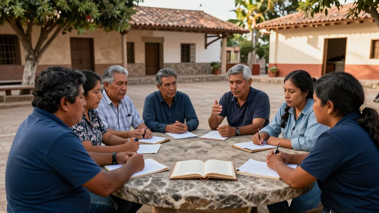 Grupo de personas latinoamericanas conversan con respeto alrededor de una mesa de piedra en una plaza.