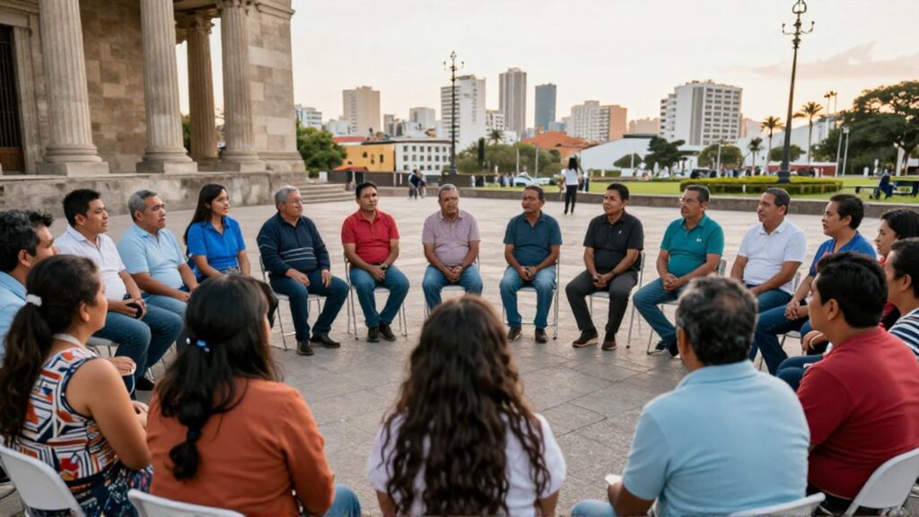 Grupo de personas de diversas edades conversan de forma organizada en una plaza con arquitectura clásica.