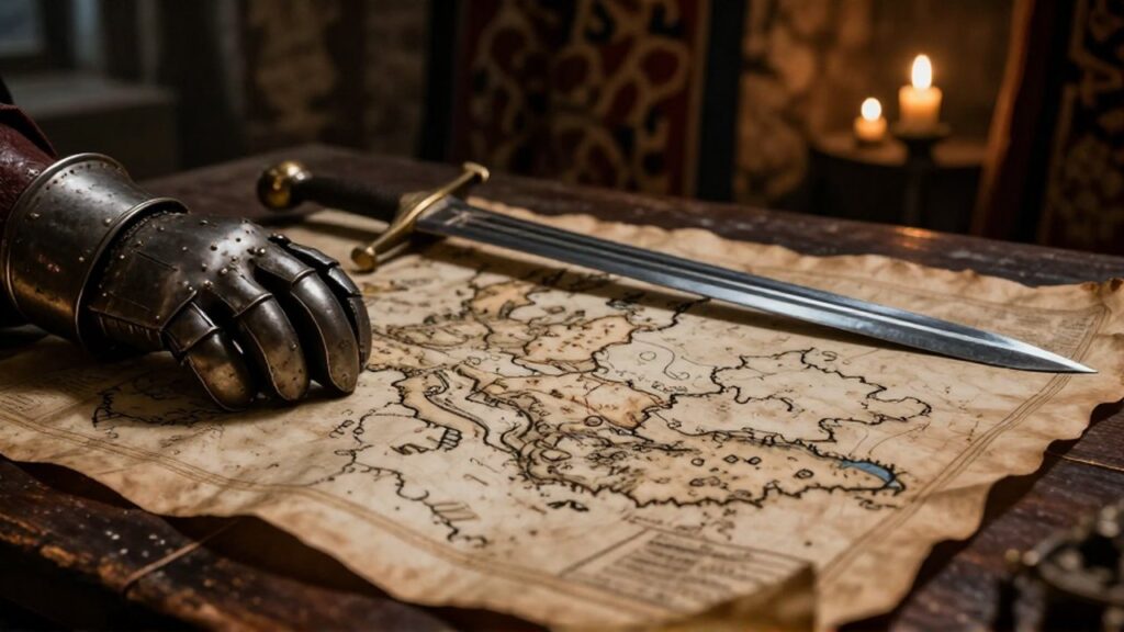 Un guantelete de hierro y la empuñadura de una espada descansan sobre un mapa medieval desgastado.