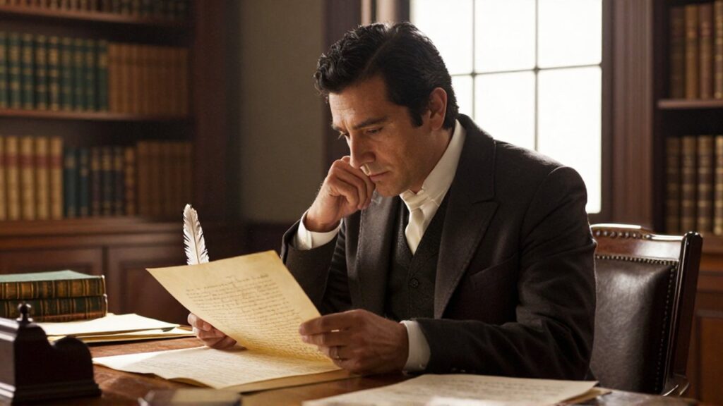Hombre de rasgos latinoamericanos estudia un manuscrito antiguo con una pluma en un escritorio de madera.
